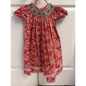 Stellybelly Floral Smocked Embroidered Dress Size 4T. Red & White. Beaded